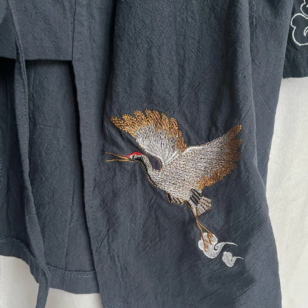 Lefitt‎ NEW Bird Embroidery Tie-Front Kimono Jacket